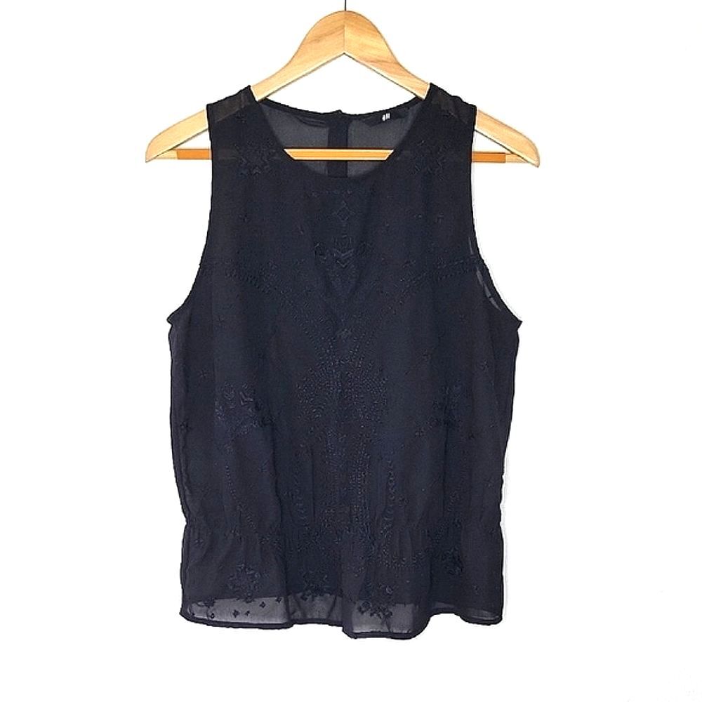 H&M Sheer Black Embroidered Sleeveless Tank Top Elegant Classy Buttons Blouse